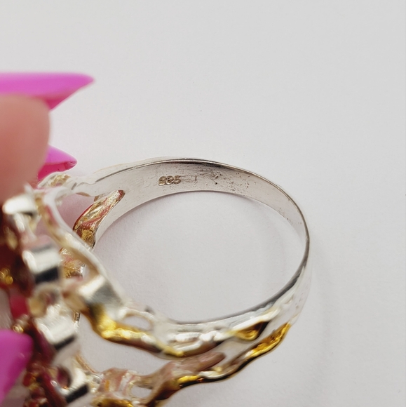 Genuine Moonstone & Purple Amethyst Sterling Silver / 18k Yellow Gold Halo Ring - Picture 3 of 6